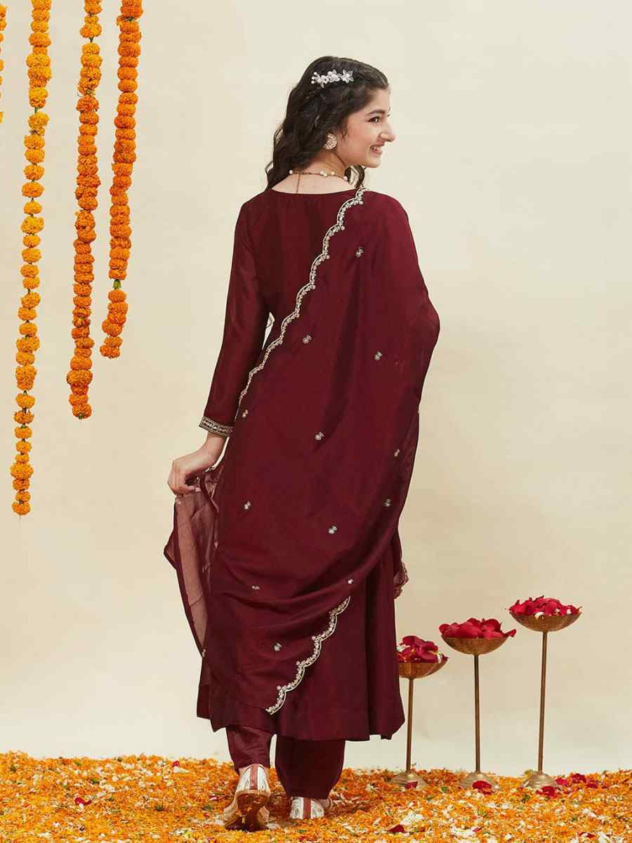 Maroon Silk Blend Embroidered Wedding Festival Salwars Girls Wear