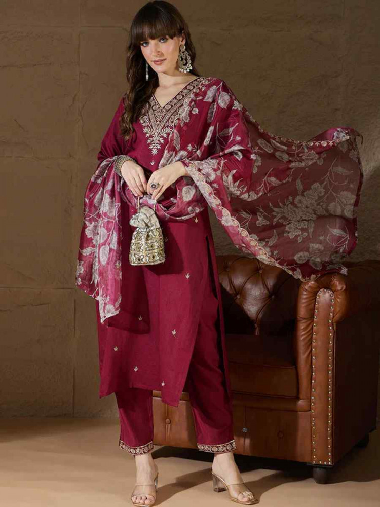 Image of Maroon Silk Blend Embroidery Party Wedding Festival Casual Ready Pant Salwar Kameez