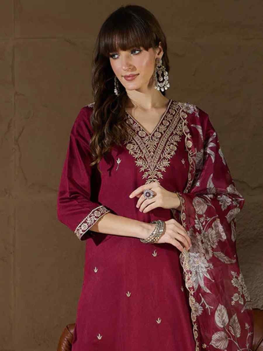 Maroon Silk Blend Embroidery Party Wedding Festival Casual Ready Pant Salwar Kameez