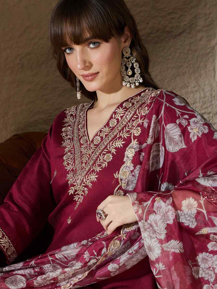 Maroon Silk Blend Embroidery Party Wedding Festival Casual Ready Pant Salwar Kameez