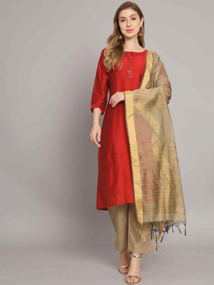 Image of Maroon Silk Blend Plain Party Wedding Festival Casual Ready Pant Salwar Kameez