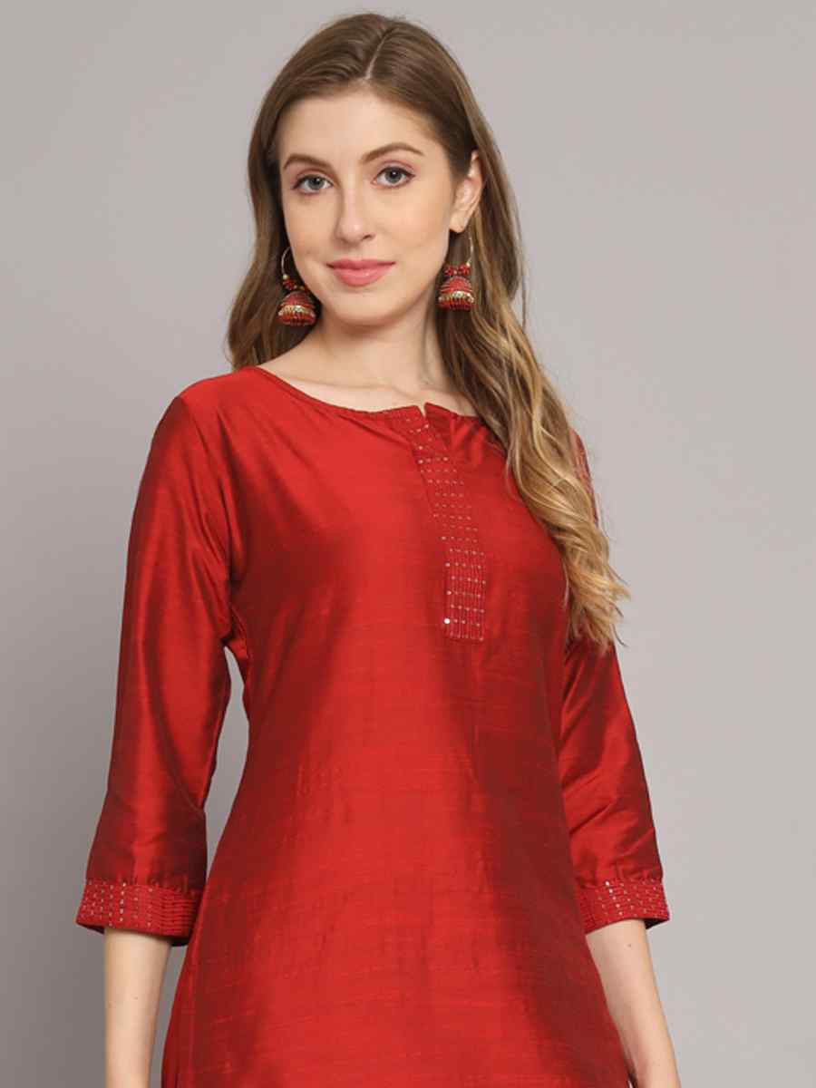 Maroon Silk Blend Plain Party Wedding Festival Casual Ready Pant Salwar Kameez