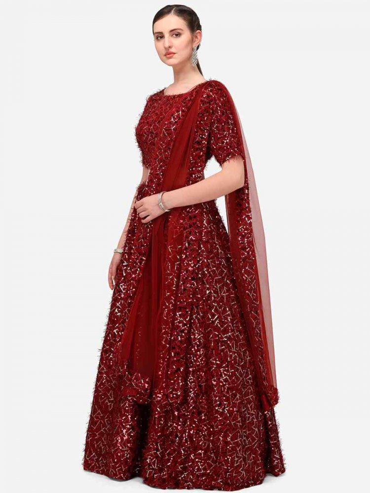 Maroon Silk Blend Sequins Party Wear Cocktail Circular Lehenga Choli