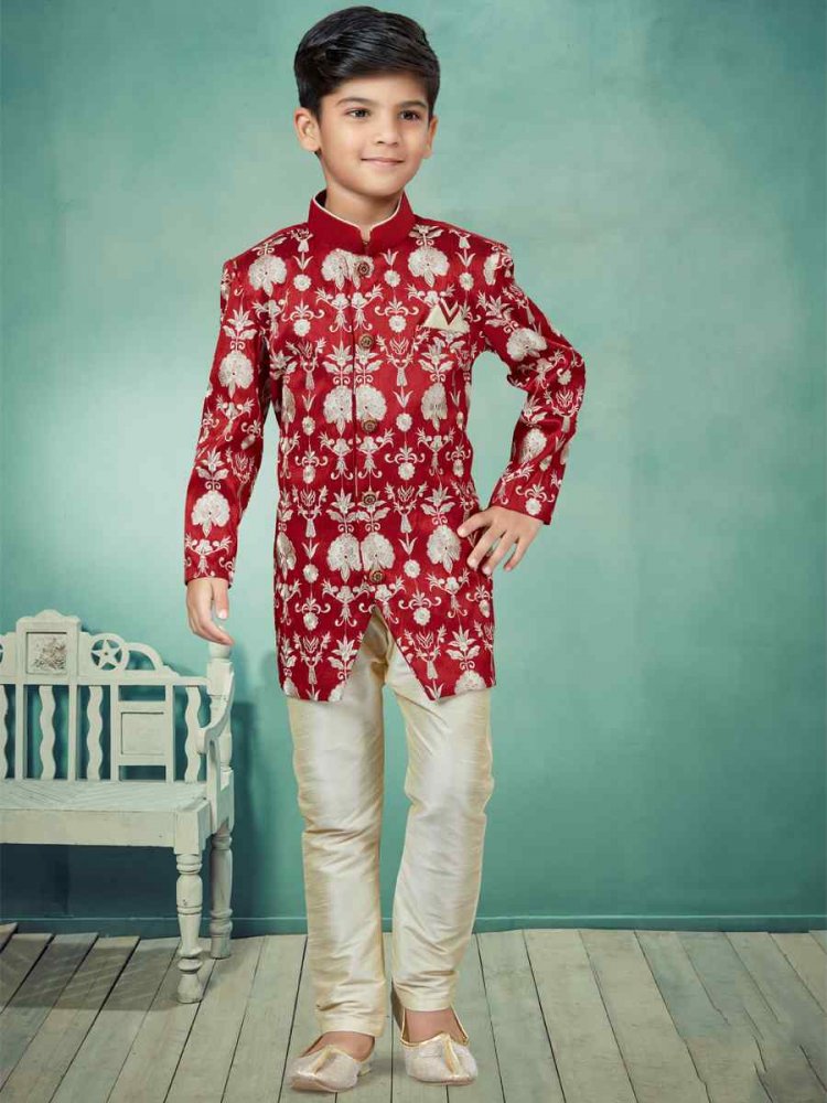 Maroon Silk Dupion Embroidered Party Festival Kurta Pyjama Boys Wear