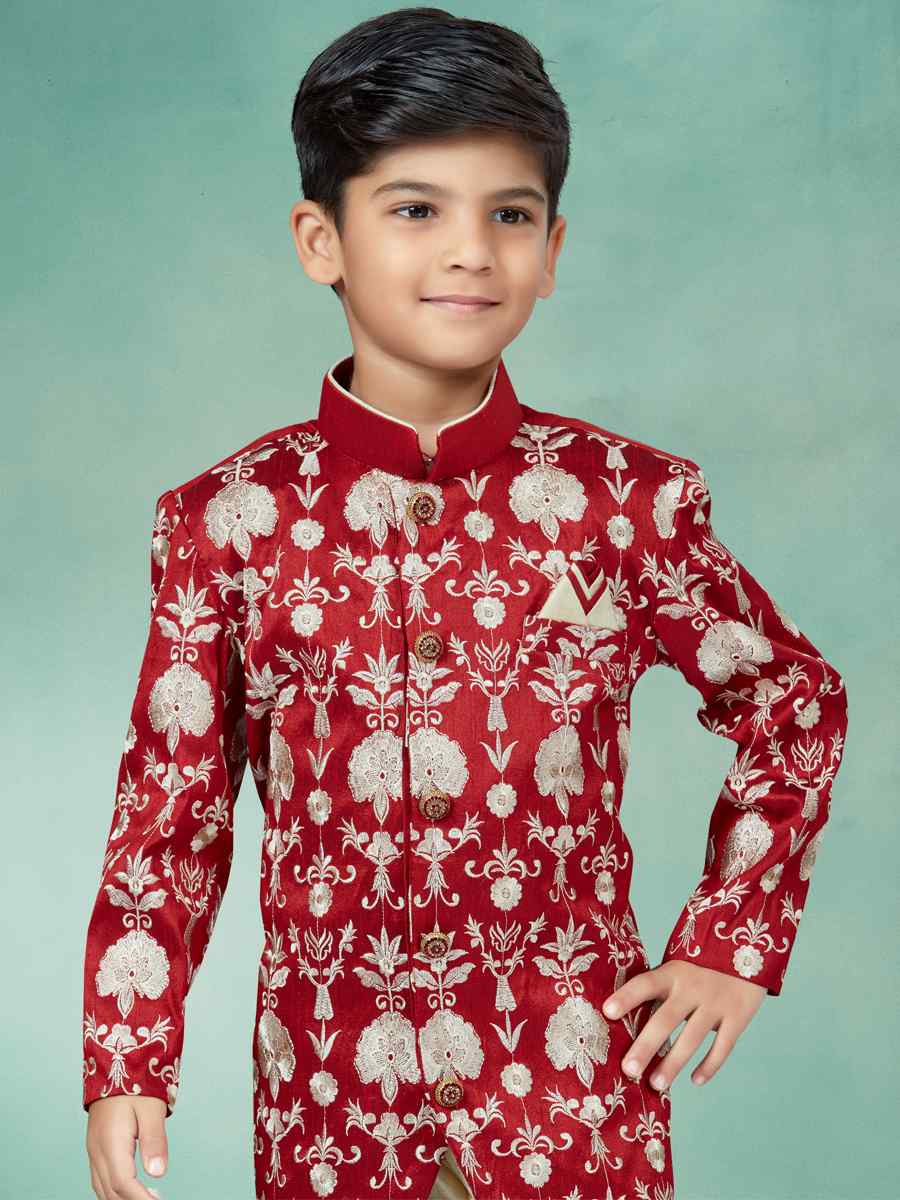 Maroon Silk Dupion Embroidered Party Festival Kurta Pyjama Boys Wear