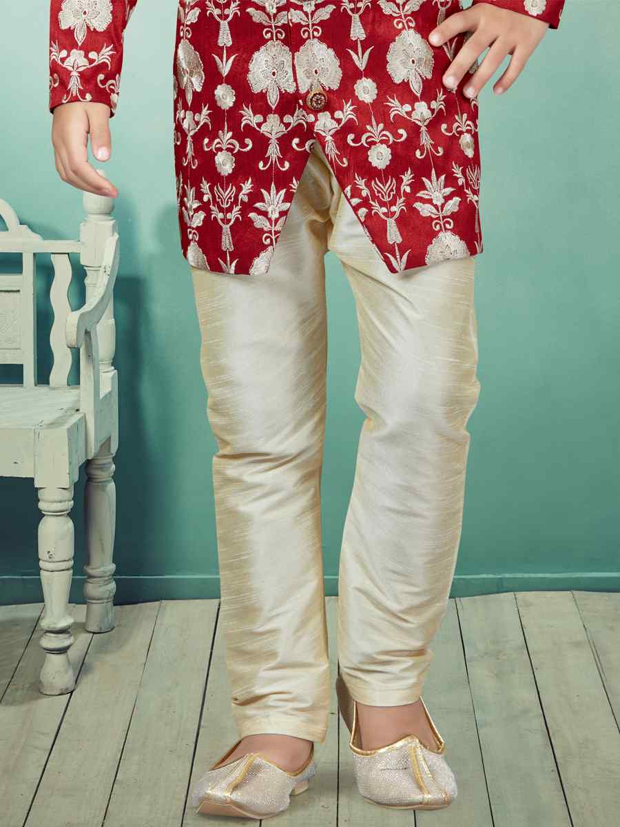 Maroon Silk Dupion Embroidered Party Festival Kurta Pyjama Boys Wear