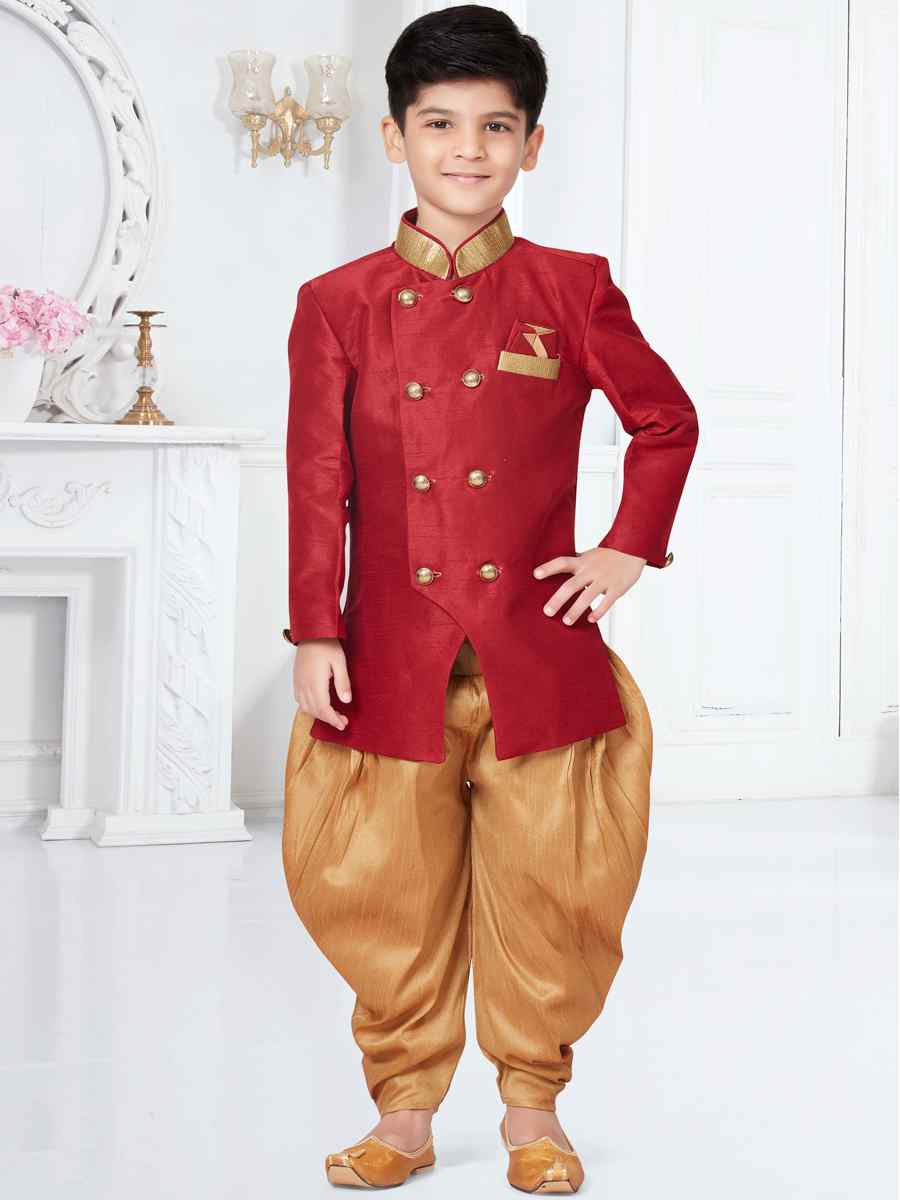 Maroon Silk Dupion Floral Party Festival Kurta Dhoti Boys Wear