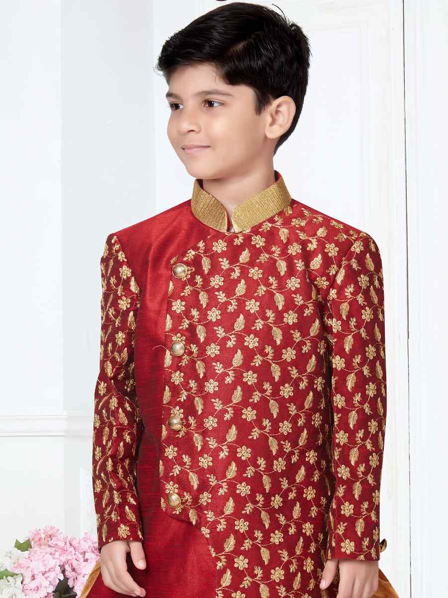 Maroon Silk Dupion Floral Party Festival Kurta Dhoti Boys Wear