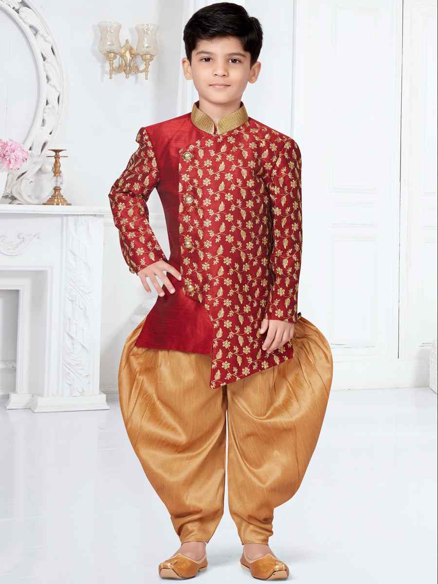 Maroon Silk Dupion Floral Party Festival Kurta Dhoti Boys Wear