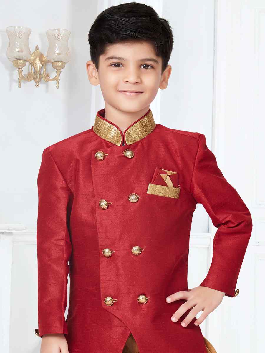 Maroon Silk Dupion Floral Party Festival Kurta Dhoti Boys Wear