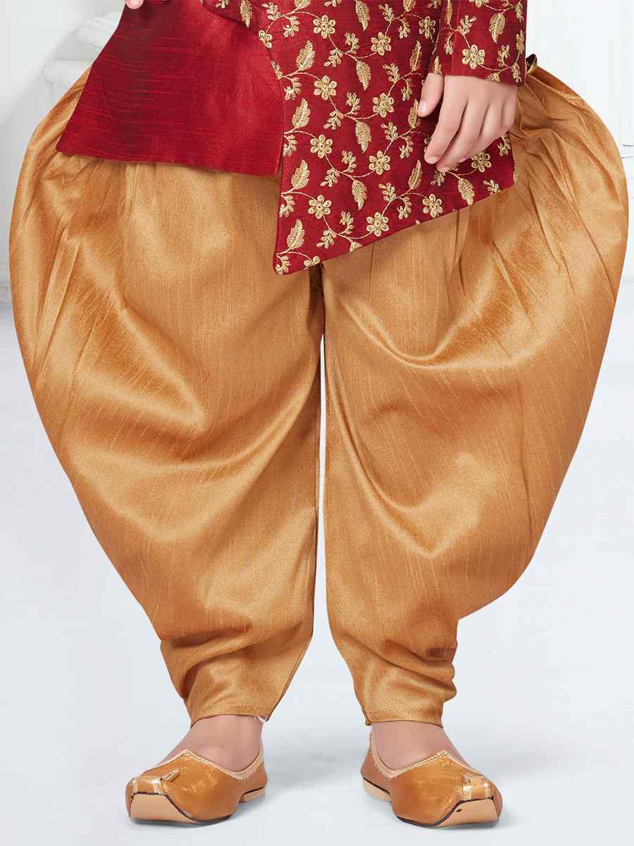 Maroon Silk Dupion Floral Party Festival Kurta Dhoti Boys Wear