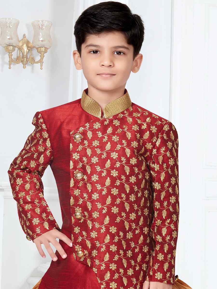 Maroon Silk Dupion Floral Party Festival Kurta Dhoti Boys Wear