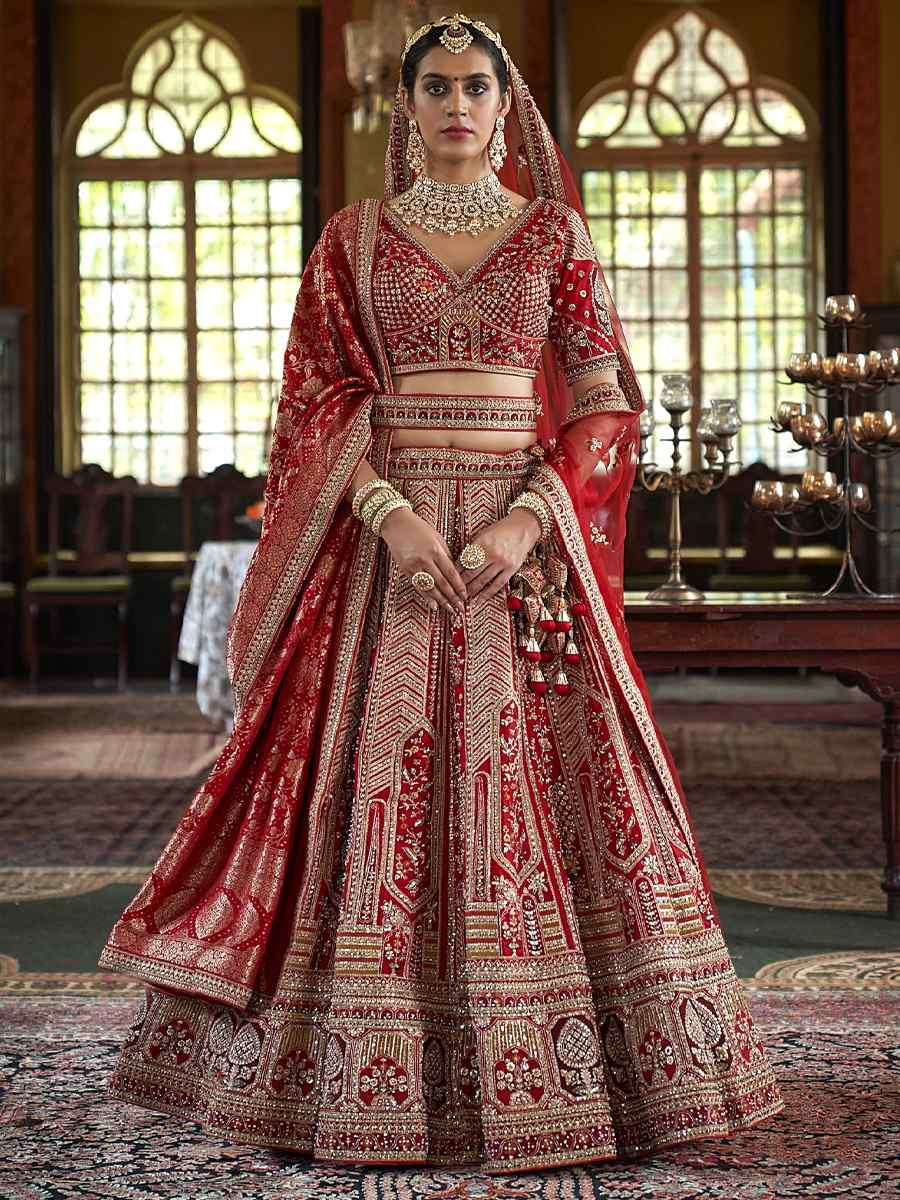 Maroon Silk Embroidered Bridal Wedding Reception Festival Heavy Border Lehenga Choli