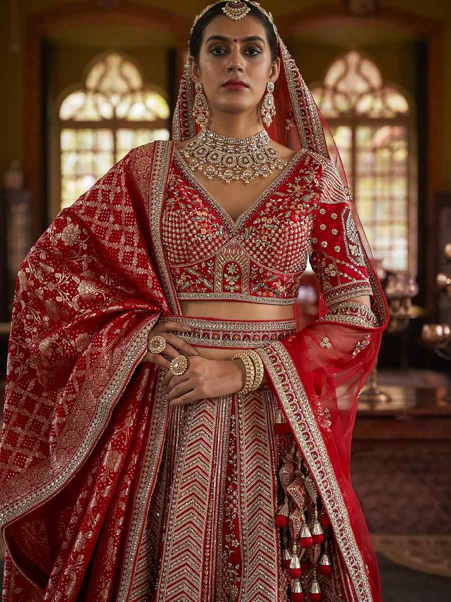 Maroon Silk Embroidered Bridal Wedding Reception Festival Heavy Border Lehenga Choli