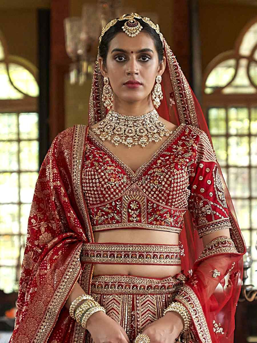 Maroon Silk Embroidered Bridal Wedding Reception Festival Heavy Border Lehenga Choli