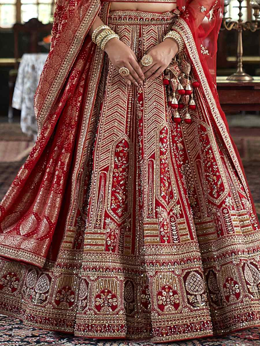 Maroon Silk Embroidered Bridal Wedding Reception Festival Heavy Border Lehenga Choli