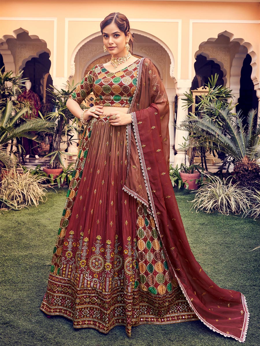 Maroon Silk Embroidered Bridesmaid Wedding Heavy Border Lehenga Choli