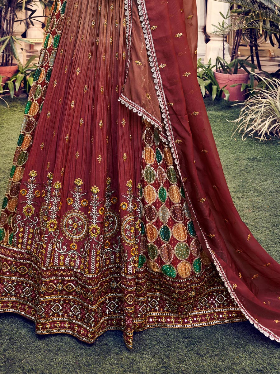 Maroon Silk Embroidered Bridesmaid Wedding Heavy Border Lehenga Choli