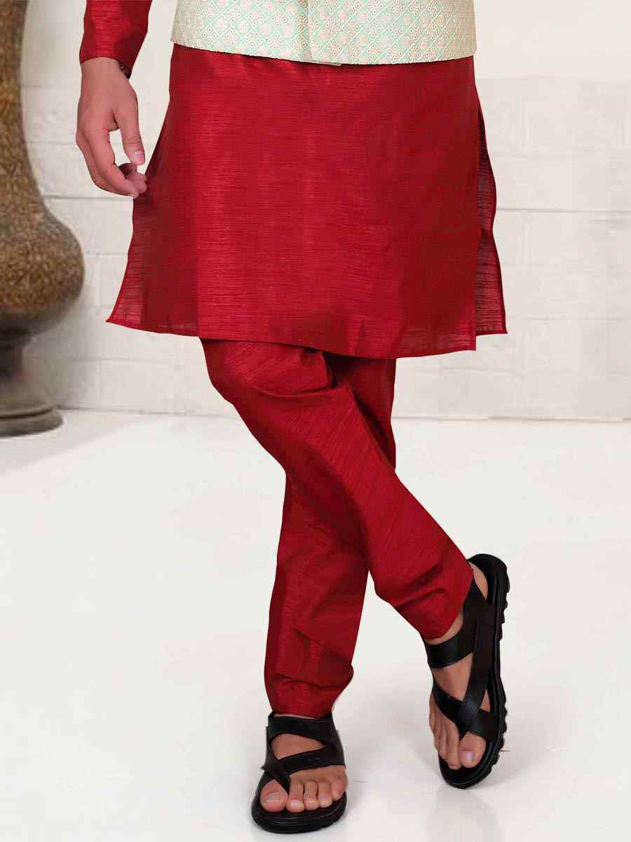Maroon Silk Embroidered Festival Kurta