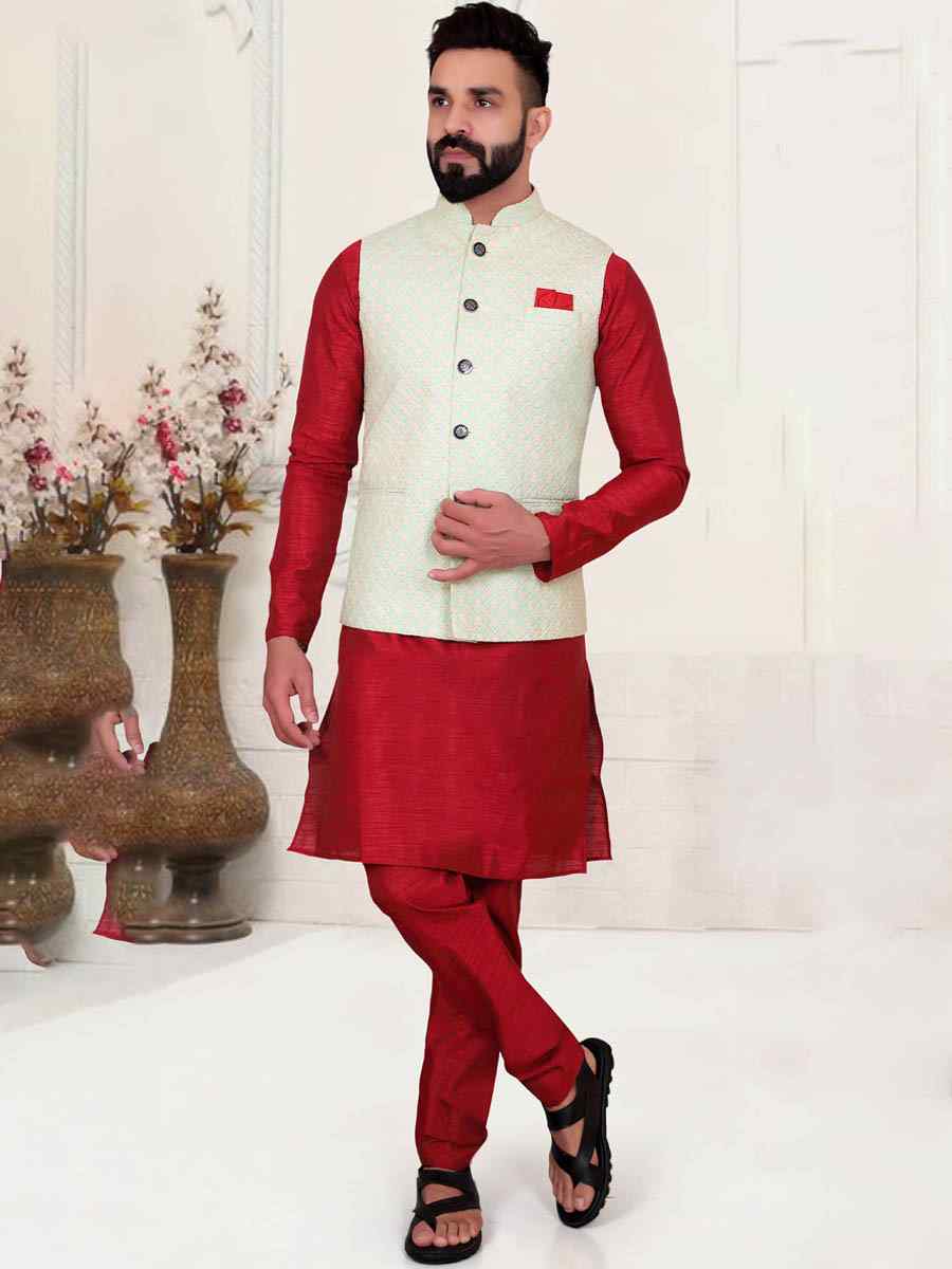 Maroon Silk Embroidered Festival Kurta
