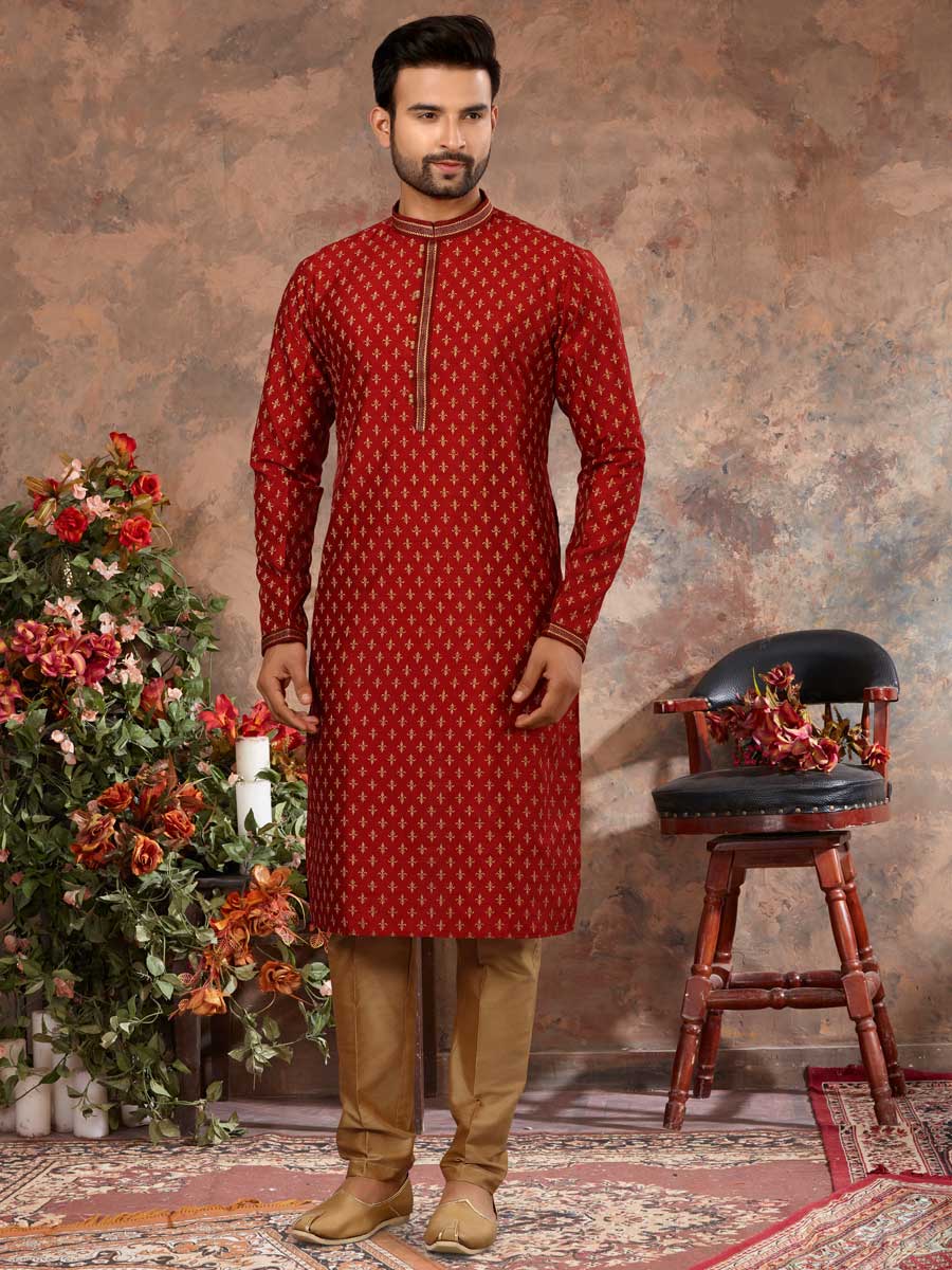 Maroon Silk Embroidered Festival Kurta Set