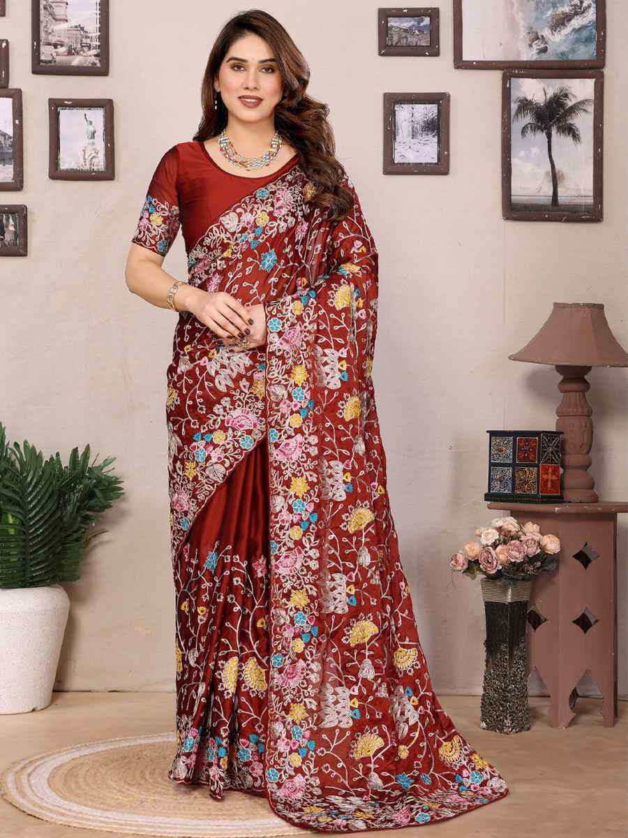 Maroon Silk Embroidered Festival Wedding Fancy Heavy Border Saree