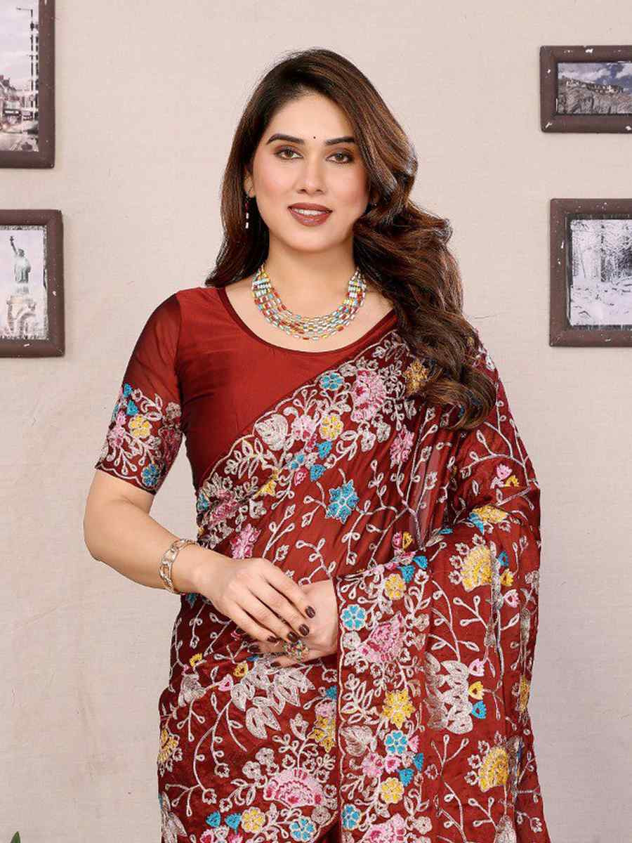 Maroon Silk Embroidered Festival Wedding Fancy Heavy Border Saree