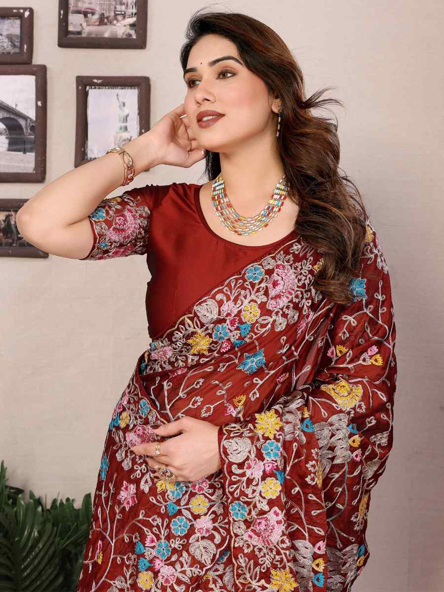 Maroon Silk Embroidered Festival Wedding Fancy Heavy Border Saree