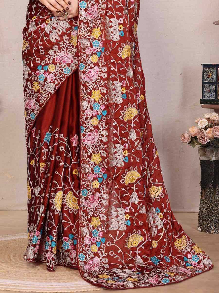 Maroon Silk Embroidered Festival Wedding Fancy Heavy Border Saree
