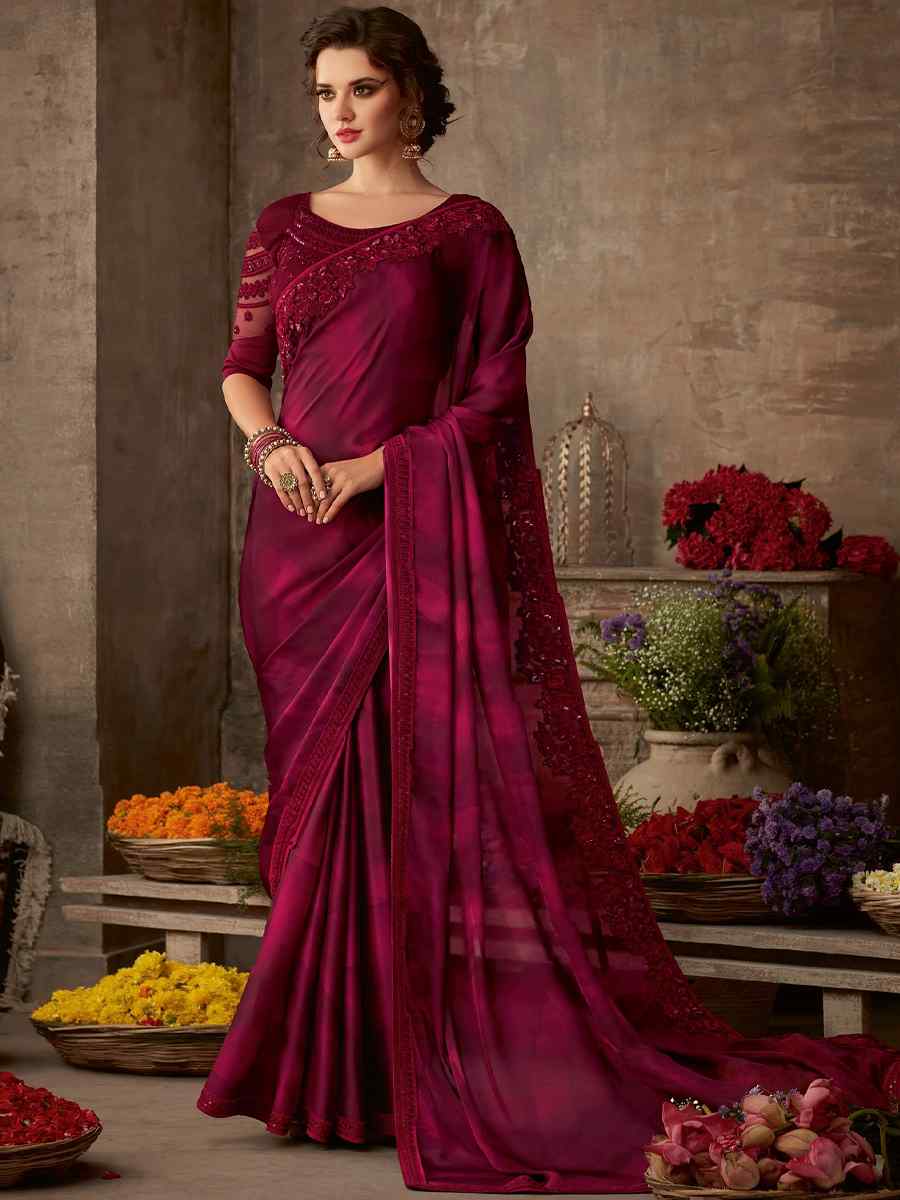 Maroon Silk Embroidered Party Festival Classic Style Saree