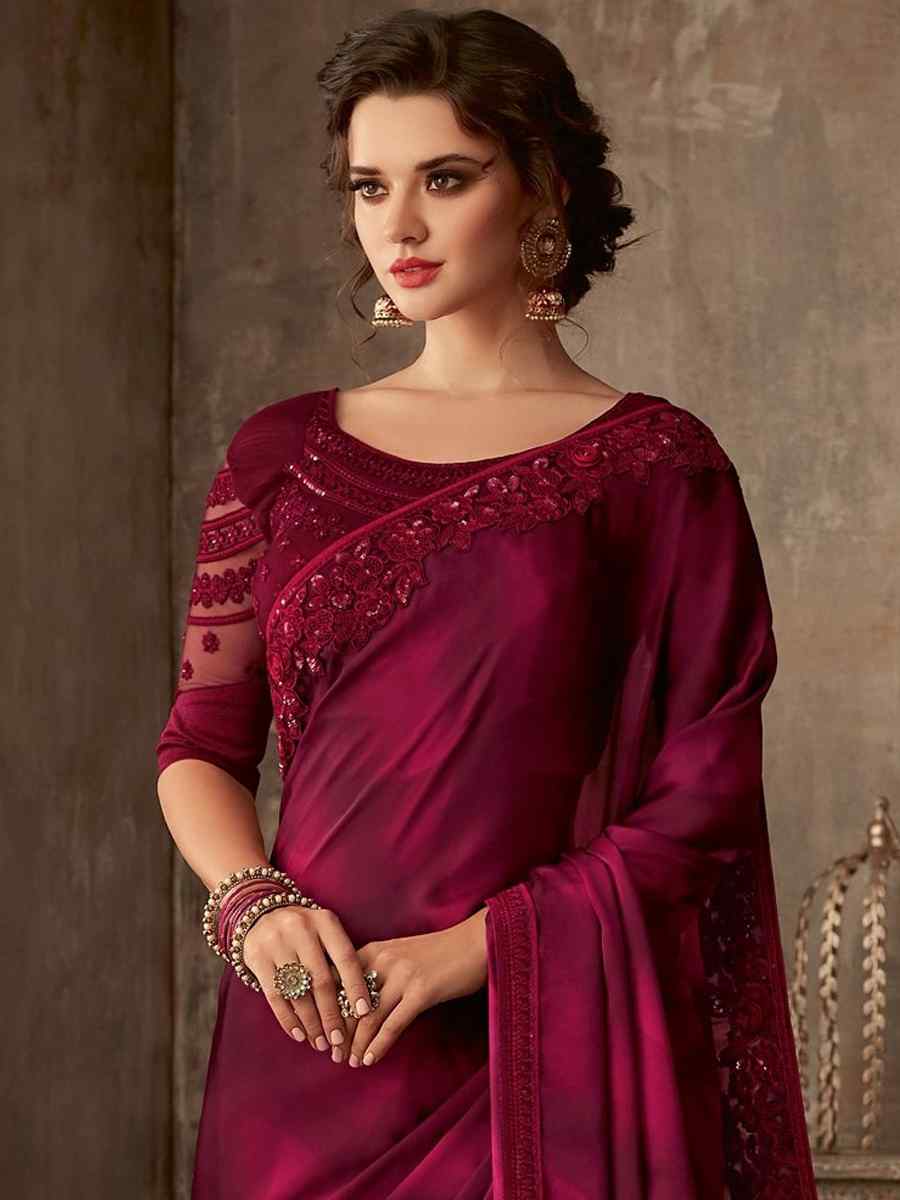 Maroon Silk Embroidered Party Festival Classic Style Saree