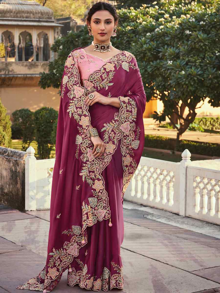 Maroon Silk Embroidered Wedding Festival Heavy Border Saree