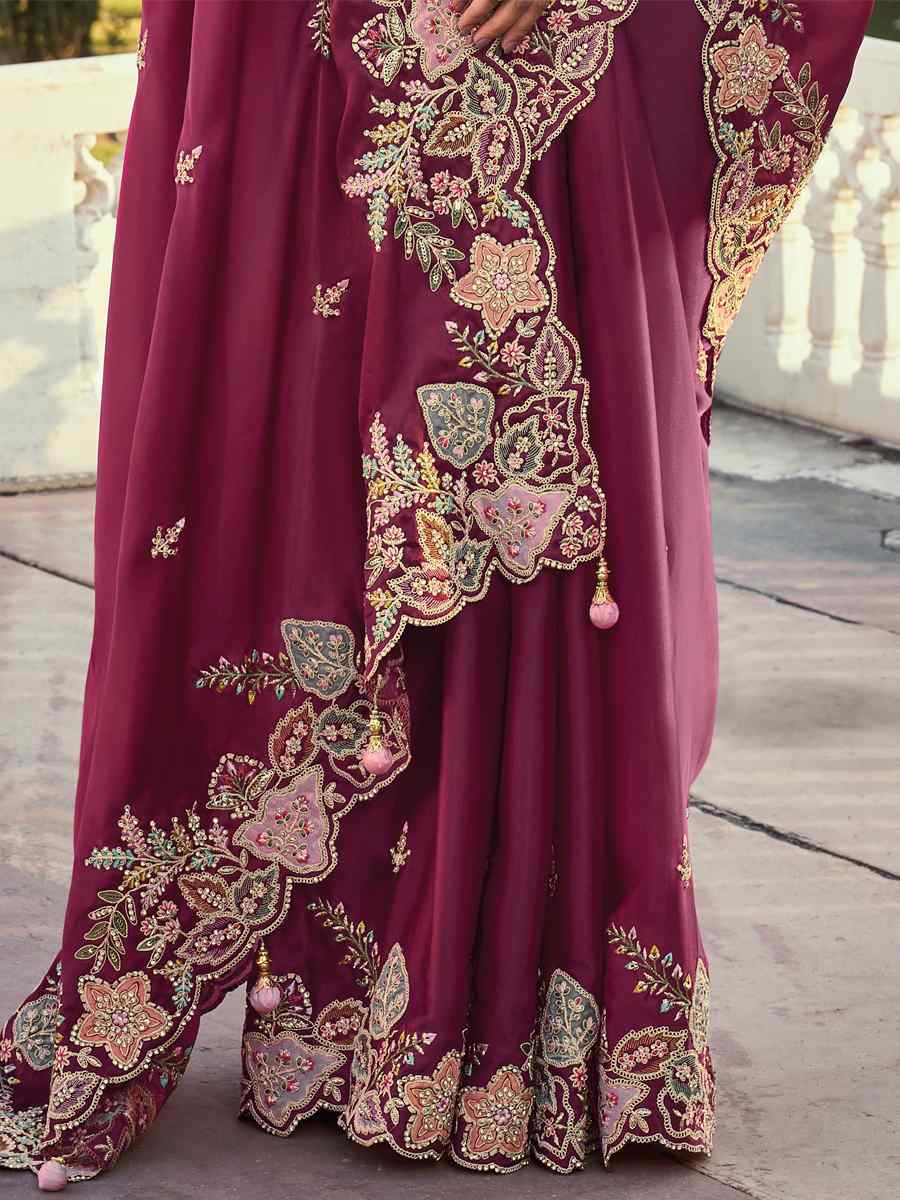Maroon Silk Embroidered Wedding Festival Heavy Border Saree