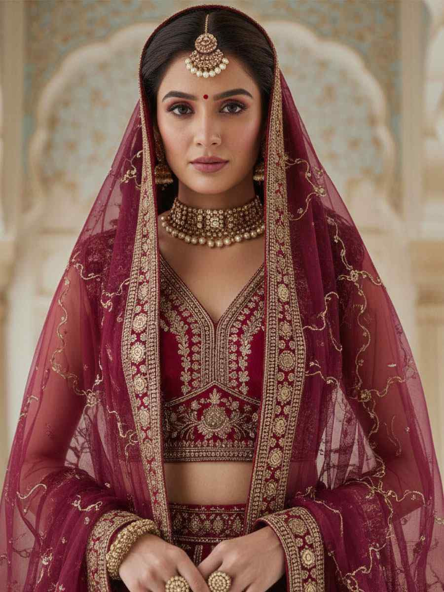 Maroon Silk Embroidery Bridal Wedding Reception Festival Heavy Border Lehenga Choli