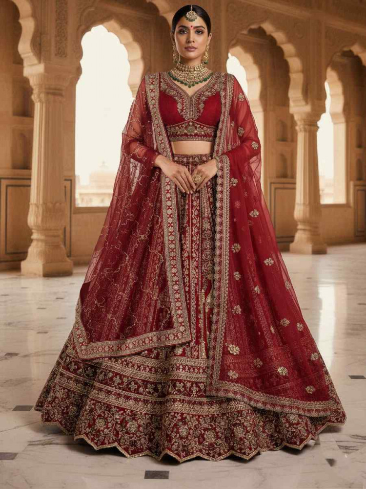 Image of Maroon Silk Embroidery Bridal Wedding Reception Festival Heavy Border Lehenga Choli