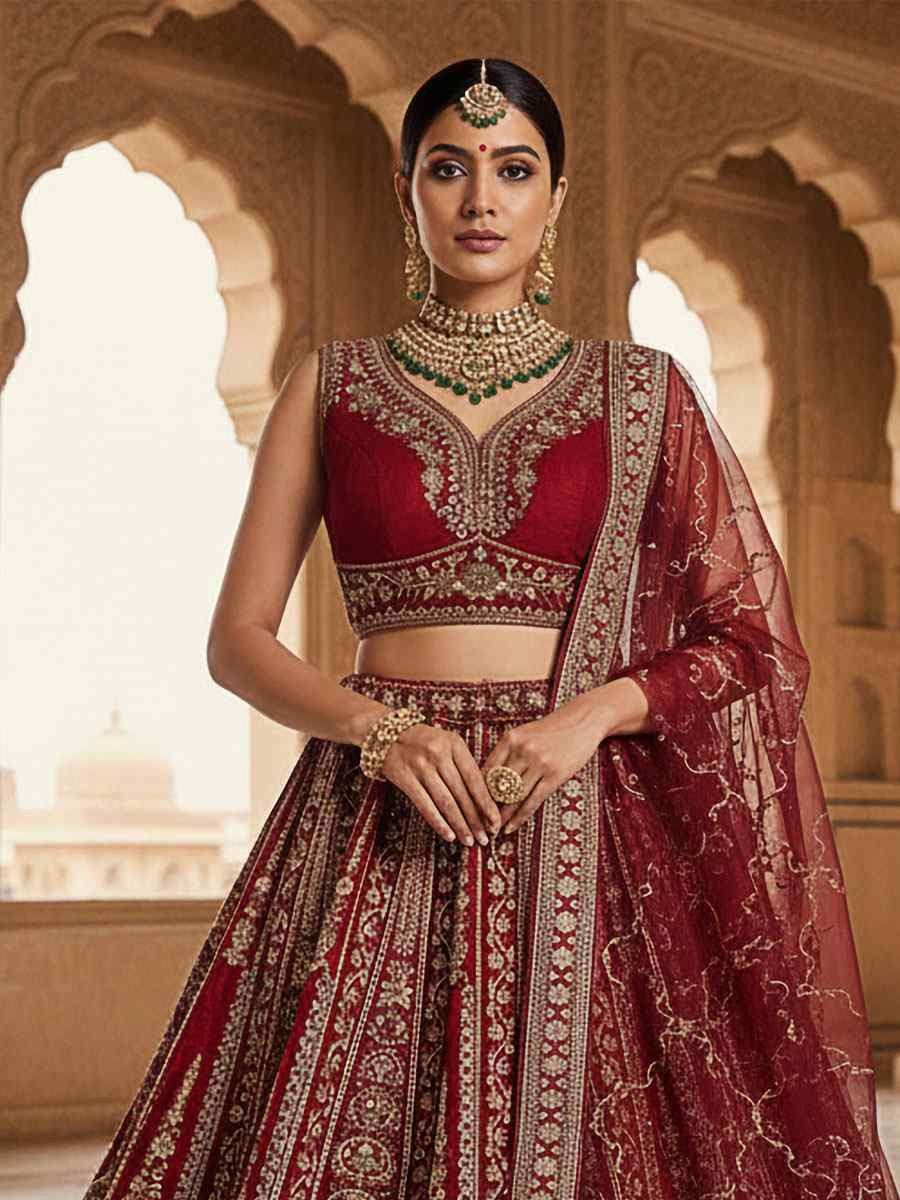 Maroon Silk Embroidery Bridal Wedding Reception Festival Heavy Border Lehenga Choli