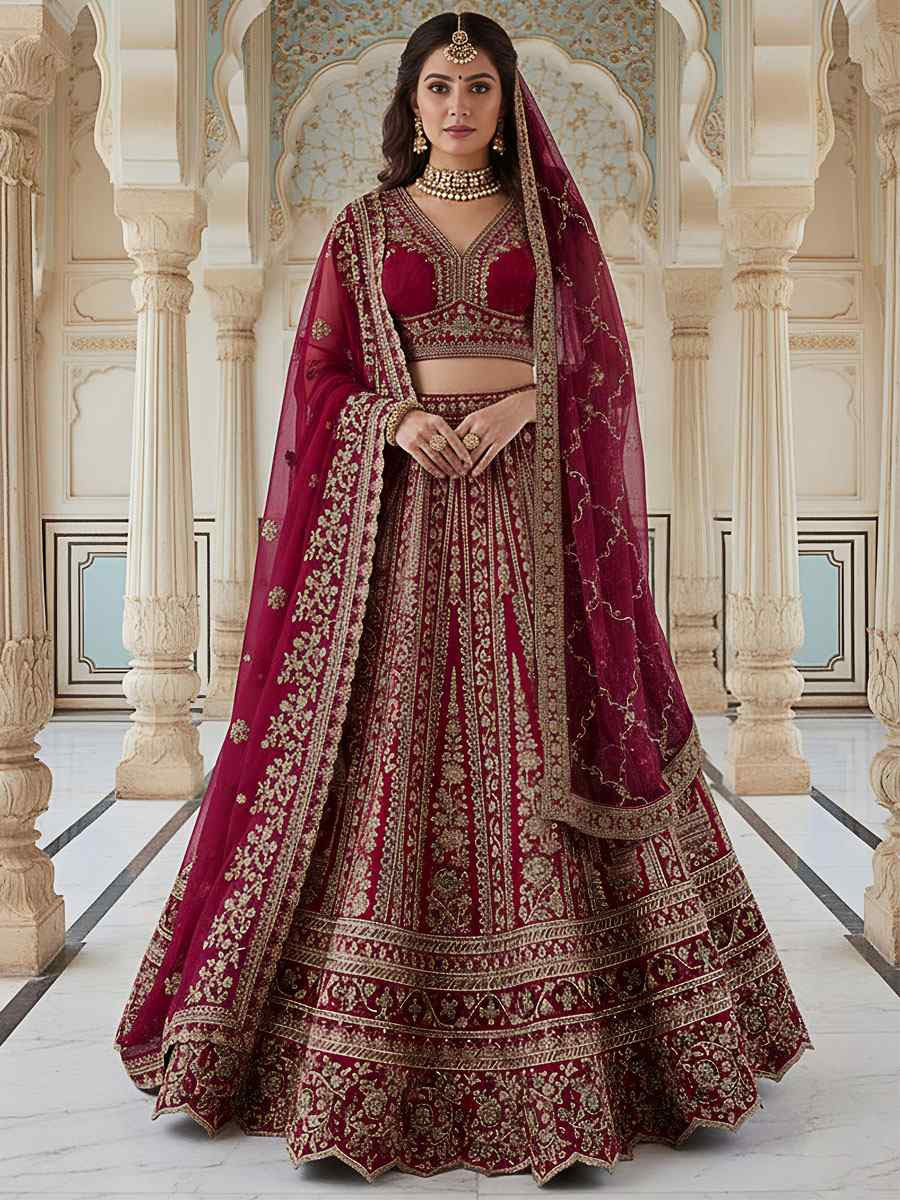 Maroon Silk Embroidery Bridal Wedding Reception Festival Heavy Border Lehenga Choli