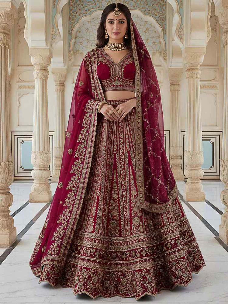 Image of Maroon Silk Embroidery Bridal Wedding Reception Festival Heavy Border Lehenga Choli