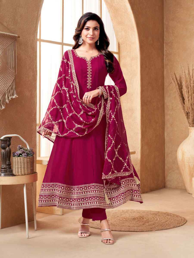 Image of Maroon Silk Embroidery Party Wedding Festival Casual Ready Anarkali Salwar Kameez