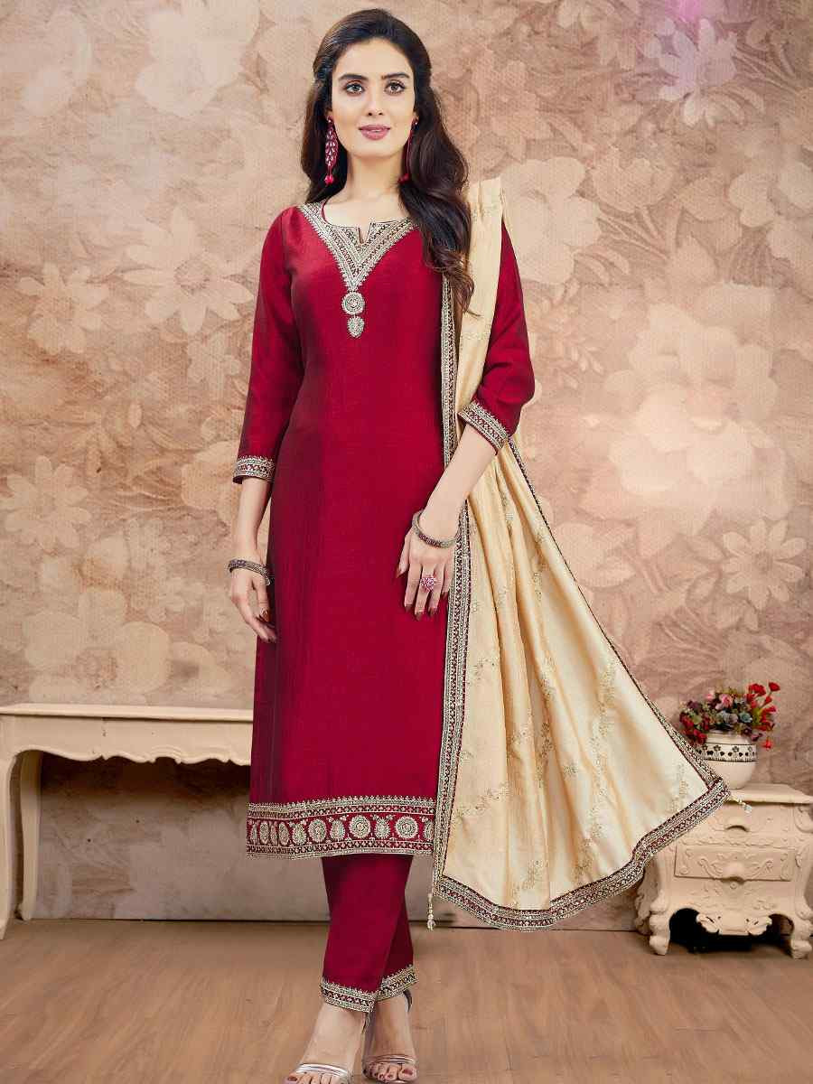 Maroon Silk Embroidery Party Wedding Festival Casual Ready Pant Salwar Kameez