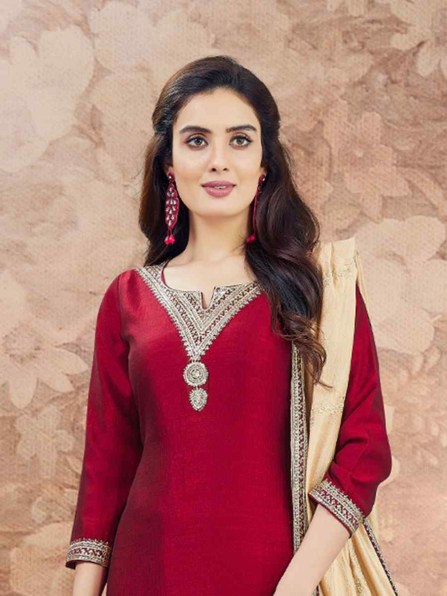 Maroon Silk Embroidery Party Wedding Festival Casual Ready Pant Salwar Kameez