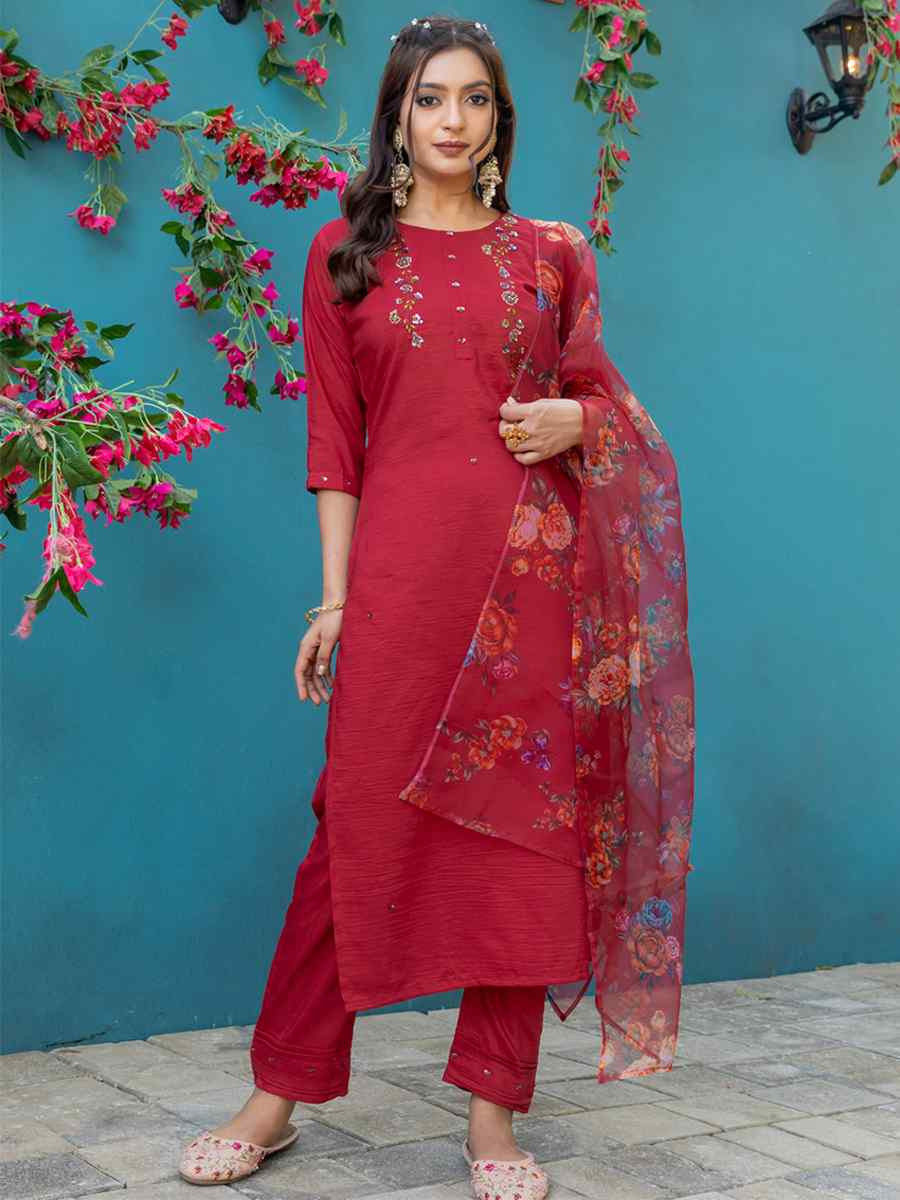 Maroon Silk Embroidery Party Wedding Festival Casual Ready Pant Salwar Kameez