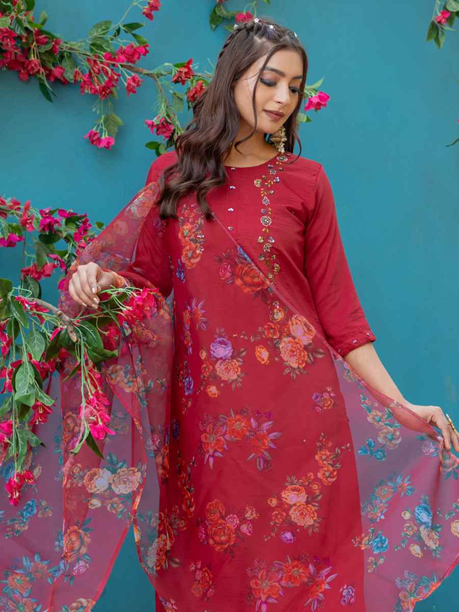 Maroon Silk Embroidery Party Wedding Festival Casual Ready Pant Salwar Kameez