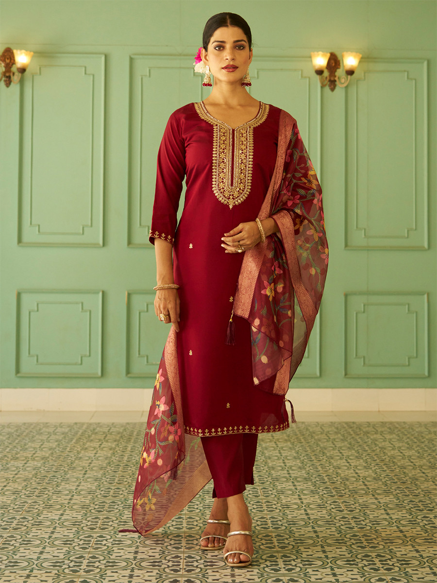 Maroon Silk Embroidery Stone Printed Dupatta Party Wedding Festival Casual Ready Pant Salwar Kameez