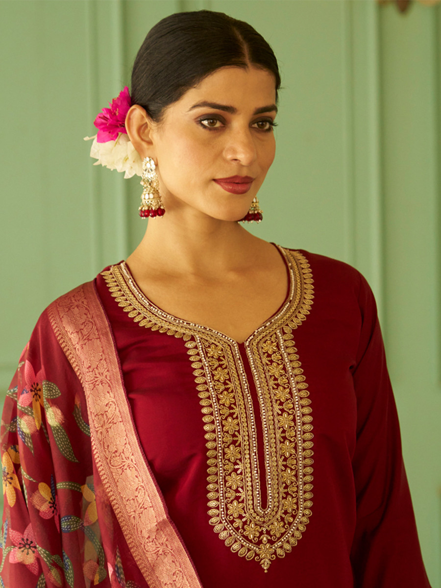 Maroon Silk Embroidery Stone Printed Dupatta Party Wedding Festival Casual Ready Pant Salwar Kameez