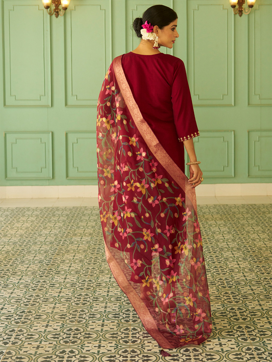 Maroon Silk Embroidery Stone Printed Dupatta Party Wedding Festival Casual Ready Pant Salwar Kameez
