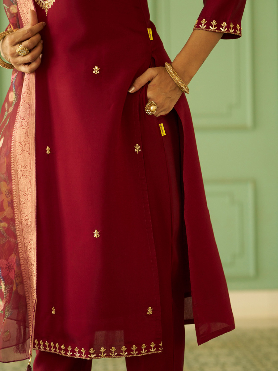 Maroon Silk Embroidery Stone Printed Dupatta Party Wedding Festival Casual Ready Pant Salwar Kameez