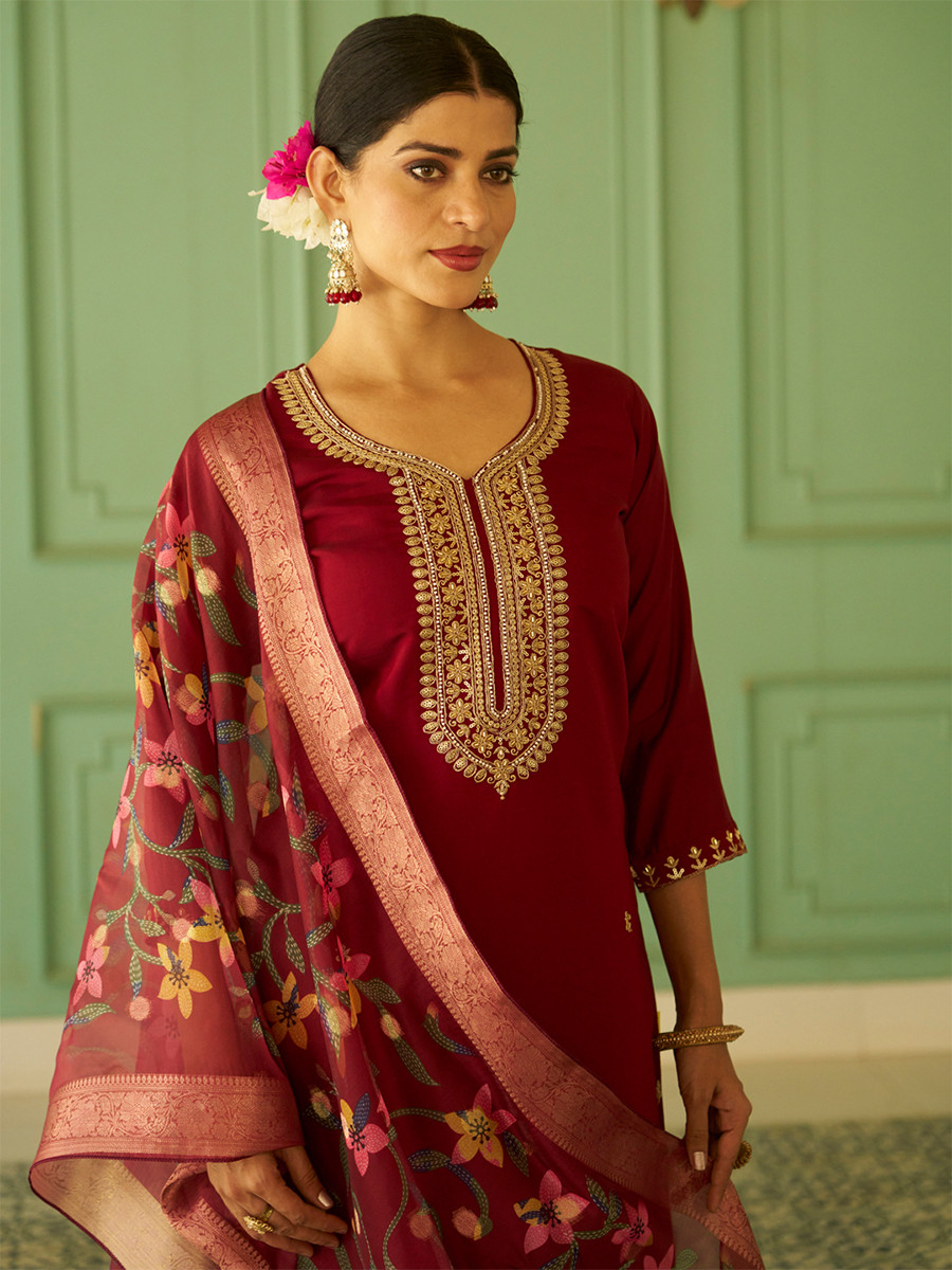Maroon Silk Embroidery Stone Printed Dupatta Party Wedding Festival Casual Ready Pant Salwar Kameez