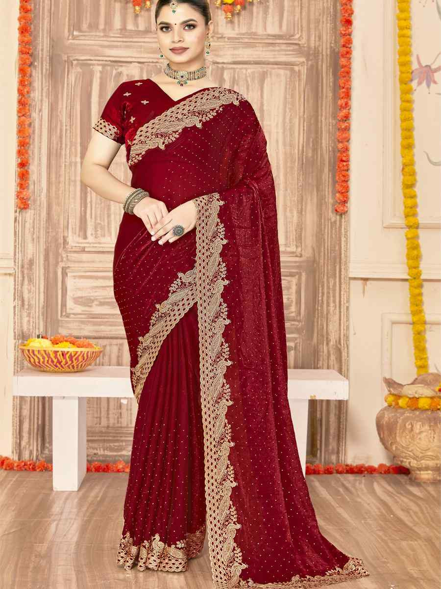 Maroon Silk Embroidery Traditional Bridal Reception Festival Wedding Fancy Heavy Border Saree