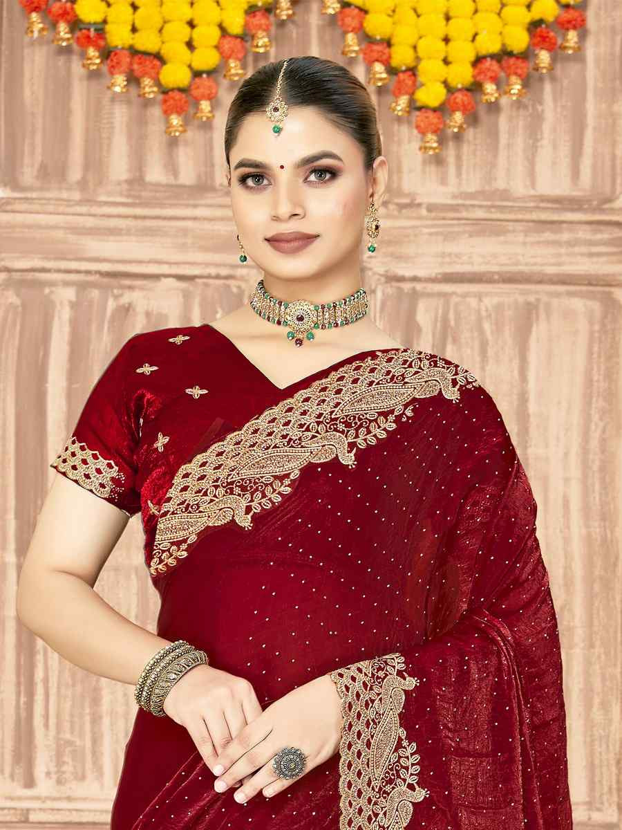 Maroon Silk Embroidery Traditional Bridal Reception Festival Wedding Fancy Heavy Border Saree